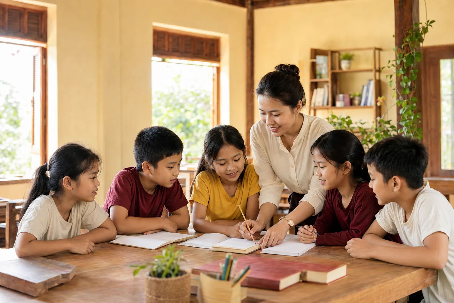 Giáo viên tận tình hướng dẫn học sinh học bài trong không gian sáng và thoáng