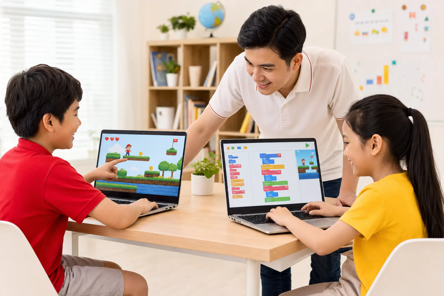 Học sinh cùng giáo viên xây dựng trò chơi bằng các khối lệnh lập trình trực quan